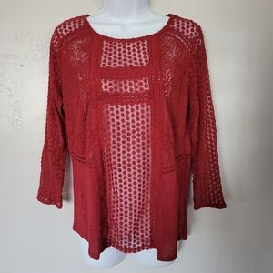 Lucky Brand Women's Medium Red Quarter Sleeve Blouse Lace Girly Boho Western Top